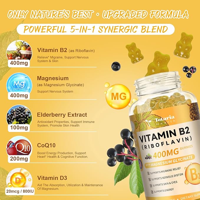 Vitamin B2 Gummies, Sugar Free Riboflavin 400mg Supplement for Adults & Kids with Magnesium Glycinate, COQ10 & Elderberry, Skin & Nervous System Support, Non-GMO, 60 Gummies
