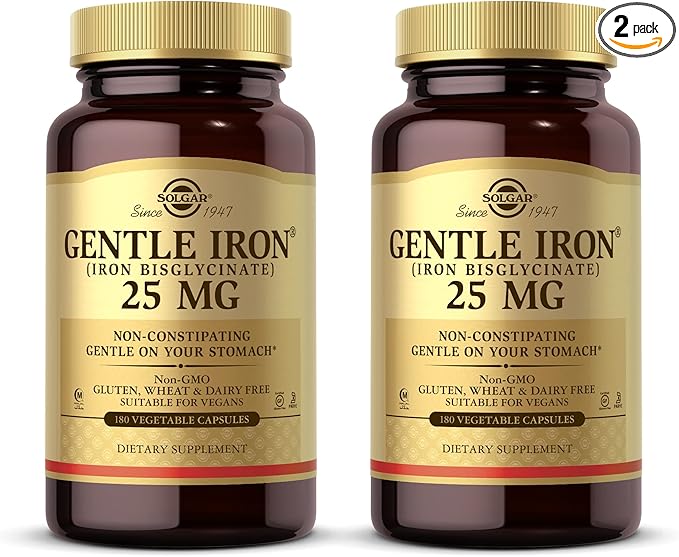 Solgar Gentle Iron (Iron Bisglycinate) 25 mg - 180 Vegetable Capsules, Pack of 2 - Non-Constipating, Gentle on Your Stomach - Non-GMO, Gluten Free - 360 Total Servings