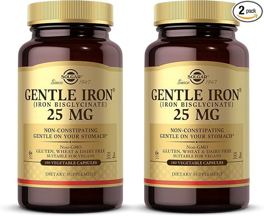 Solgar Gentle Iron (Iron Bisglycinate) 25 mg - 180 Vegetable Capsules, Pack of 2 - Non-Constipating, Gentle on Your Stomach - Non-GMO, Gluten Free - 360 Total Servings