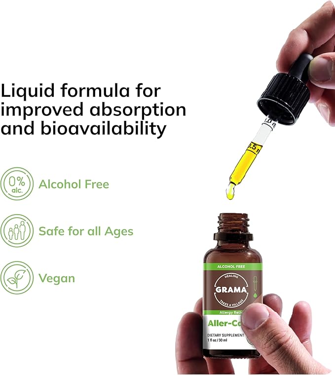 Grama Wellness Organic Natural Allergy Relief Drops for Kids & Adults – Herbal Supplement with Stinging Nettle, Turmeric, Nettle Leaf – Sinus & Immune Support, Non-Drowsy | Made in USA - 30 Servings