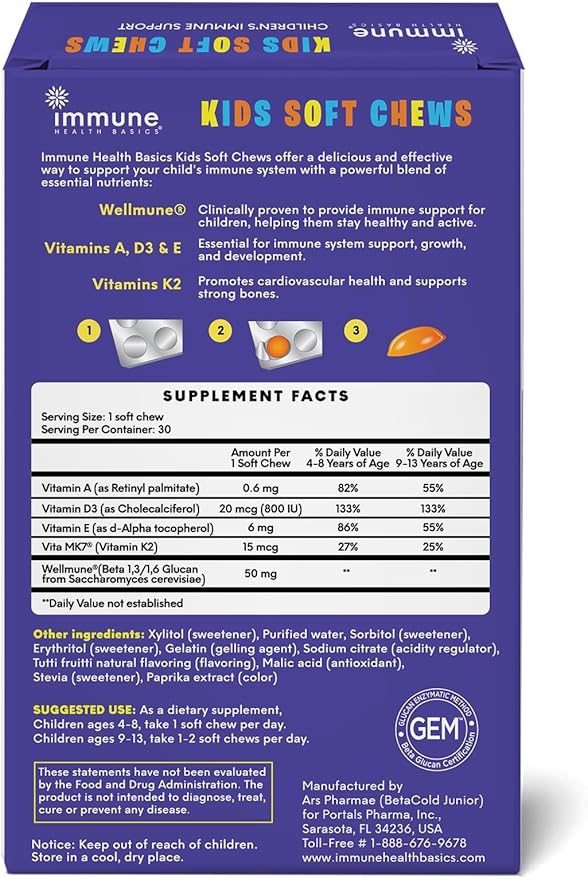 Kids Soft Chews with Wellmune® | Natural Beta Glucan Supplement for Immune Support & Daily Wellness | Allergen-Free & No Added Sugar | Tutti-Frutti Flavor, 30 Soft Chews