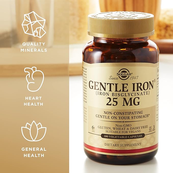 Solgar Gentle Iron (Iron Bisglycinate) 25 mg - 180 Vegetable Capsules, Pack of 2 - Non-Constipating, Gentle on Your Stomach - Non-GMO, Gluten Free - 360 Total Servings