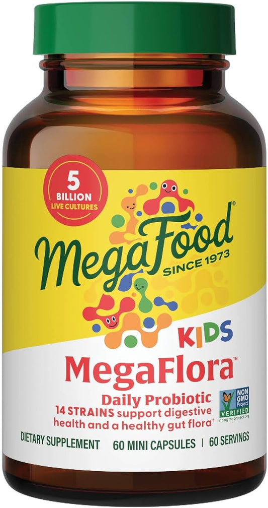 MegaFood MegaFlora Probiotics for Kids - Probiotics for Digestive Health - 5 Billion CFUs - Non-GMO, Vegetarian, Made Without 9 Food Allergens - 60 Mini Capsules (60 Servings)