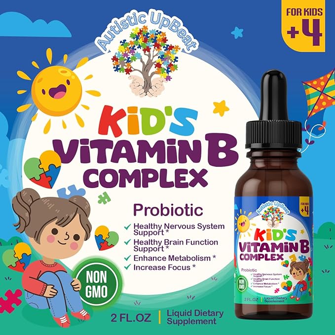 Autistic UpBeat: Kid's Vitamin B Complex | Kid-Friendly Drops | Unlfavored | B1, B2, B3, B6, B7, B9 & Methyl B12 | Brain Function, Focus, Metabolism | Kids B Complex Liquid Drops Supplement