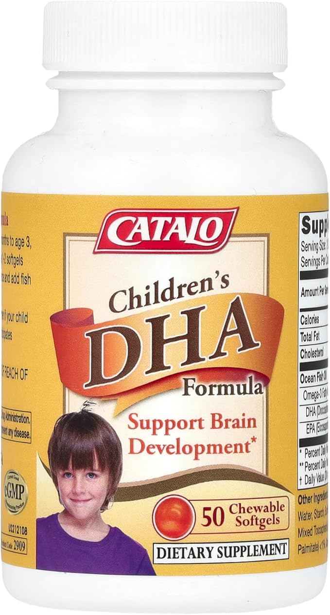 CATALO Children's DHA Formula Fish Oil Supplements, Chewable Softgels, 200mg DHA per Serving, Omega-3, Natural Orange Flavor for Kids, for Brain Function & Eye Development, Easy to Take, 50 Softgels