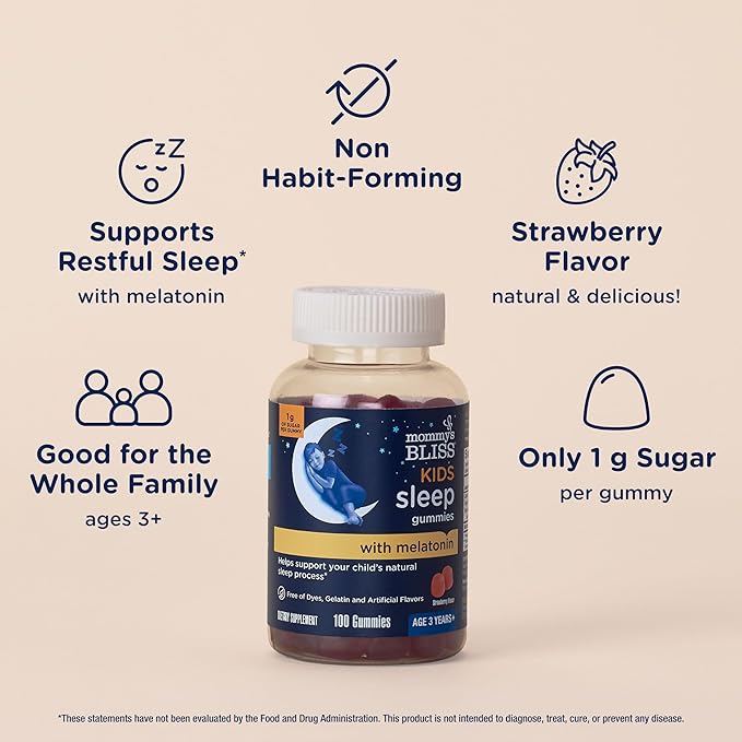 Mommy's Bliss Kids Sleep Melatonin Gummies, No Artificial Colors, Flavors or Gelatin, Strawberry Flavor, Age 3+, 100 Gummies (Packaging May Vary)