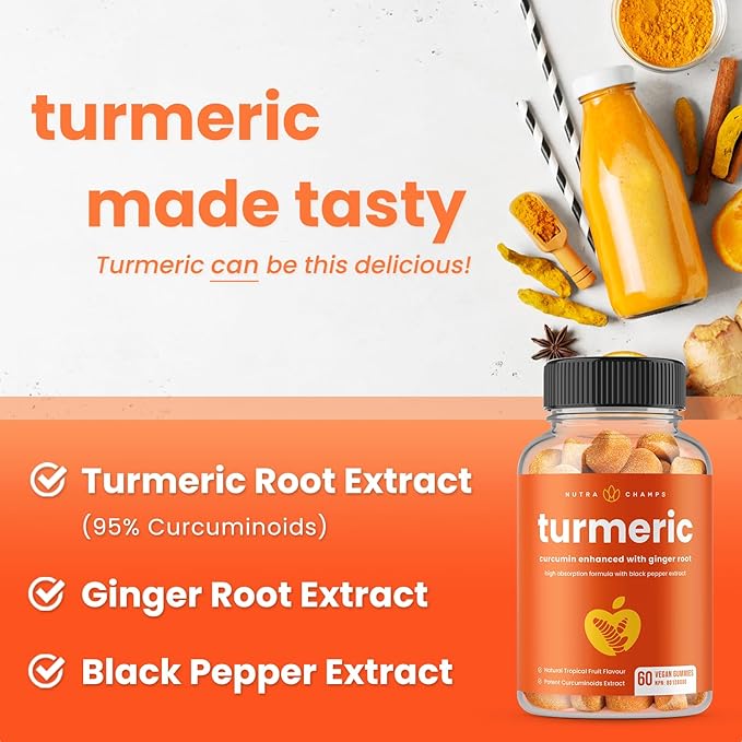 NutraChamps Turmeric Gummies for Adults & Kids with Ginger & Black Pepper Extract, 95% Curcuminoids, Vegan Natural Curcumin Joint Support Supplement, Tumeric Gummy Supplements