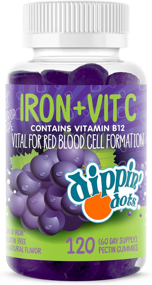 Iron with Vitamin C & B12 Gummies (120 Count) Vital for Red Blood Cell Formation | Gum Drop Grape Real Pectin Fruit Chew Supplements | Vegan, Non-GMO, Gluten Free & Gelatin Free