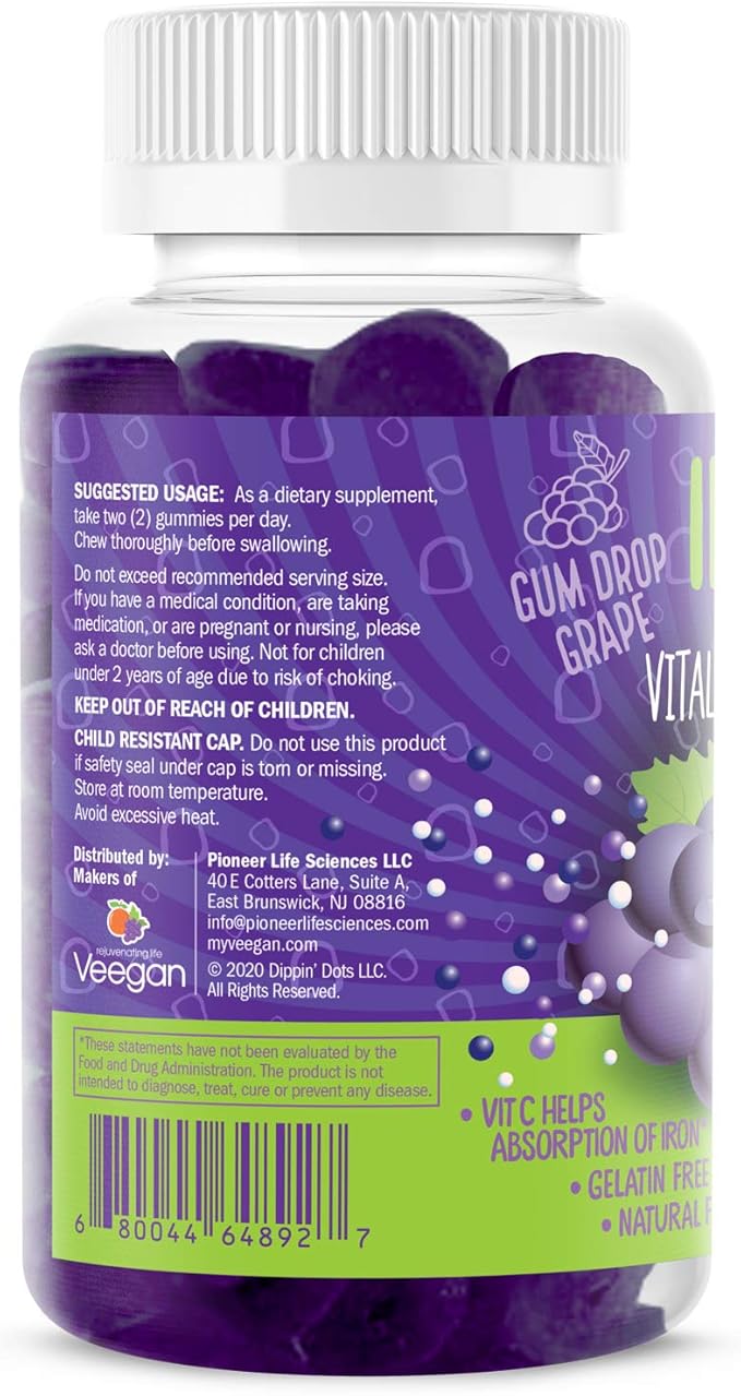 Iron with Vitamin C & B12 Gummies (120 Count) Vital for Red Blood Cell Formation | Gum Drop Grape Real Pectin Fruit Chew Supplements | Vegan, Non-GMO, Gluten Free & Gelatin Free