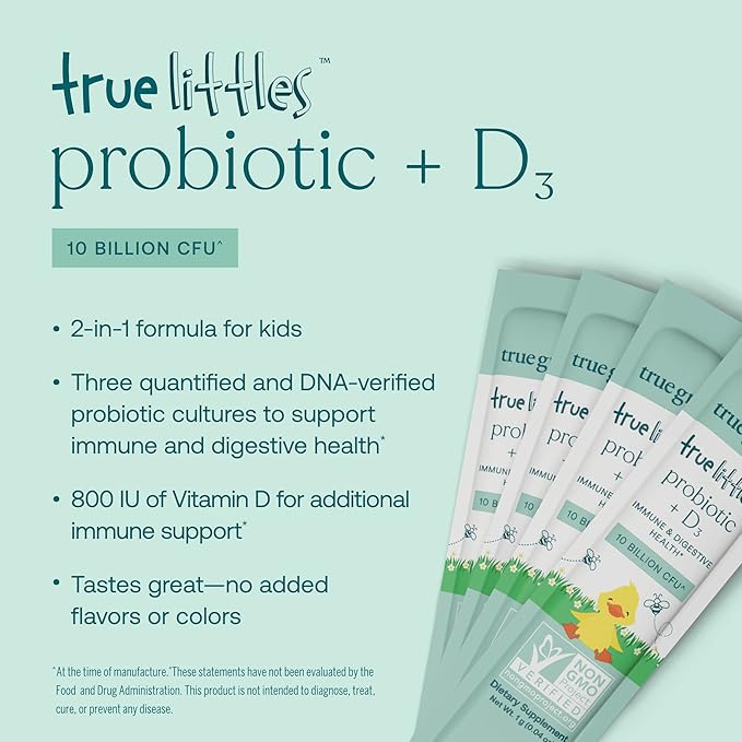 True Grace True Littles - 30 Individual Stick Packs - Kids’ Daily Probiotic + Vitamin D3 for Immune & Digestive Health - Gluten, Soy & Dairy Free - 30 Servings