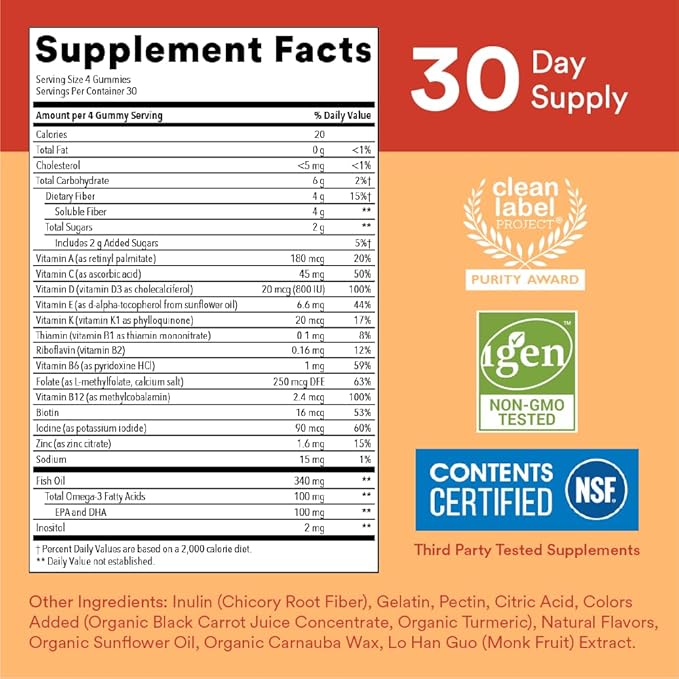 SmartyPants Kids Multivitamin Gummies and Fiber Supplement: Vitamin D3, C, Vitamin B12, B6, A, Zinc, Biotin, Inositol, Fiber Gummies, Three Fruit Flavors, 120 Count (30 Day Supply)