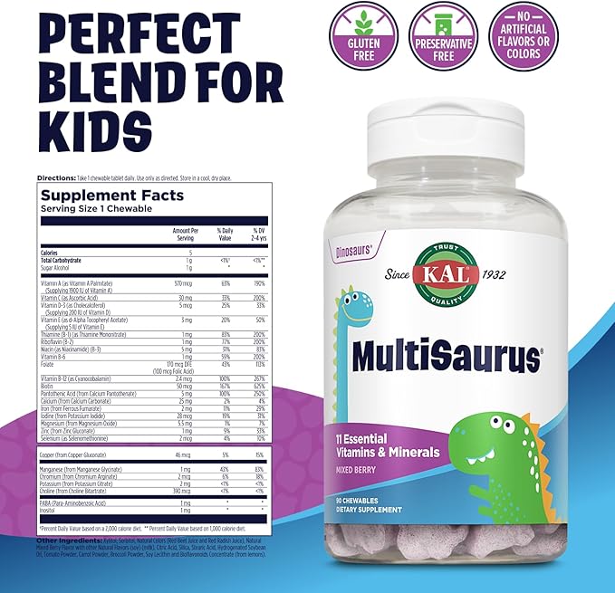 KAL MultiSaurus Kids Chewable Multivitamins, 11 Essential Vitamins and Minerals for Kids, Mixed Berry Flavor, Gluten and Preservative Free, 90 Servings, 90 Dinosaur-Shaped Chewables