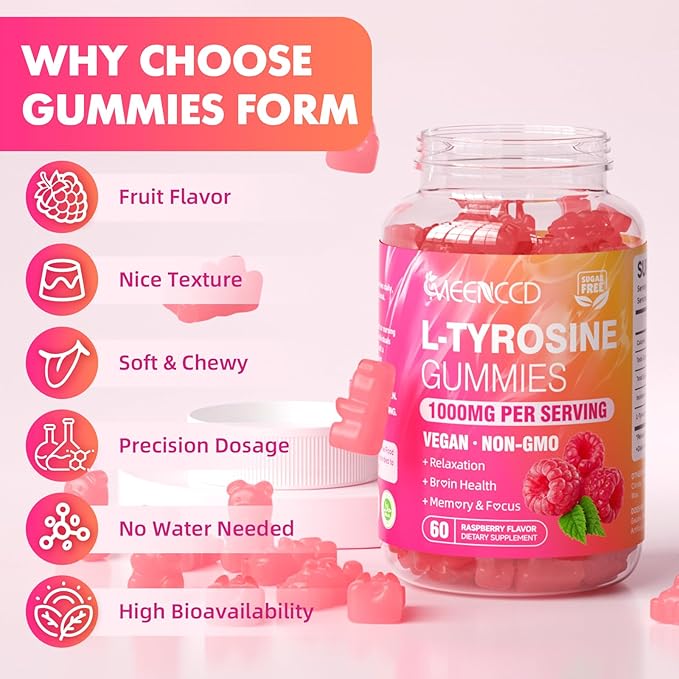 L-Tyrosine Gummies, 1000mg L-Tyrosine Supplement for Kids & Adults, Focus Gummies, Energy & Memory Support, Non-GMO, Sugar-Free, Raspberry Flavor, 60 Count