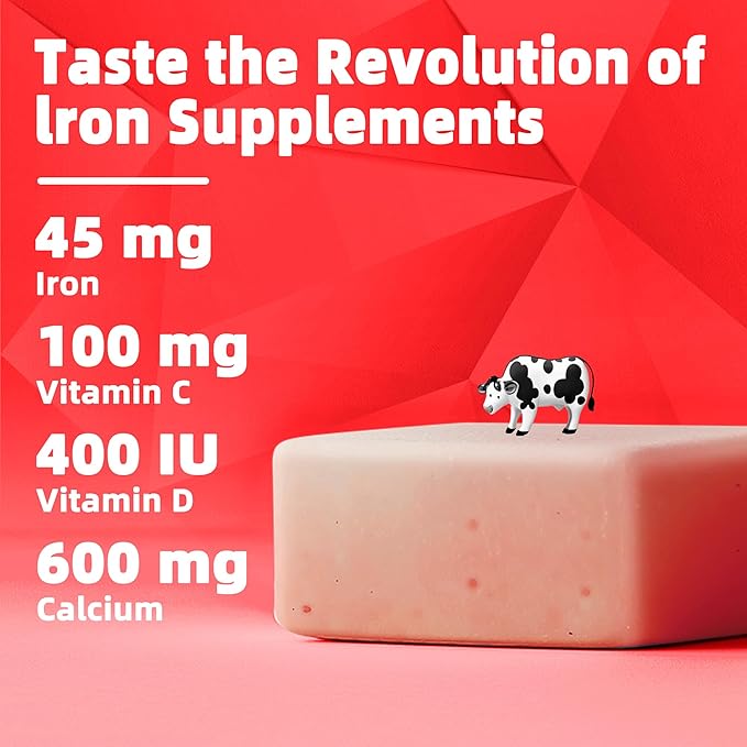Chewable Iron Supplement for Women & Men and Kids - Strawberry Flavor, Iron Vitamin C Soft Chew for Max Absorption, Iron as Ferrous Fumarate, Ideal for Iron Deficiency, 2 Month Supply