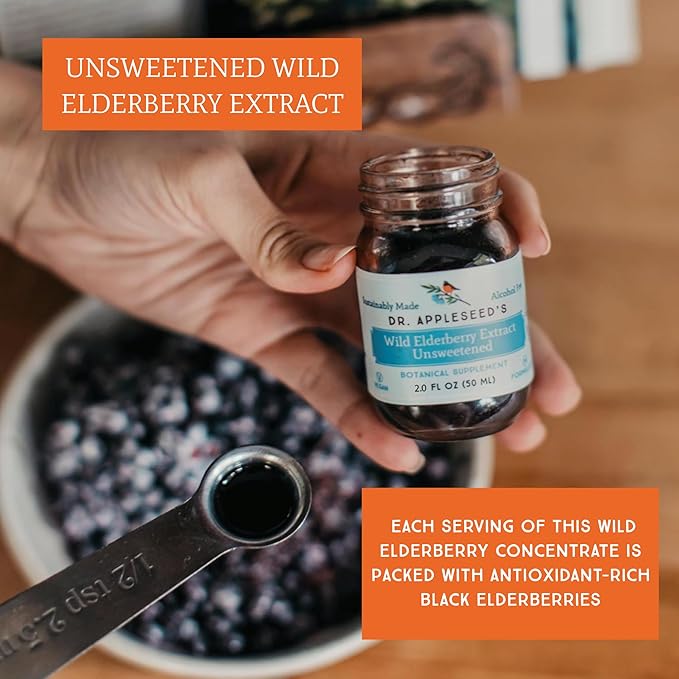 Dr. Appleseed's Wild Elderberry Extract Unsweetened Max Strength 720mg Kids + Adults Daily Immune Supplement Doctor- Formulated Science-Backed Pure Vegan 25 Day Supply – 2 Fl Oz