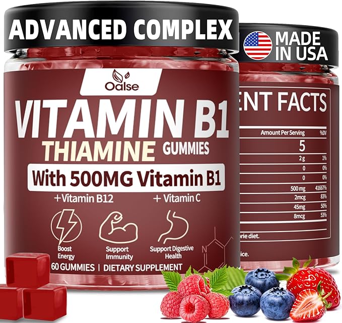 Thiamine Vitamin B1 Gummies - 500g Vegan Sugar Free Thiamine Supplement, with Natural Mixed Berries Flavor for Adults & Kids (60 Counts)