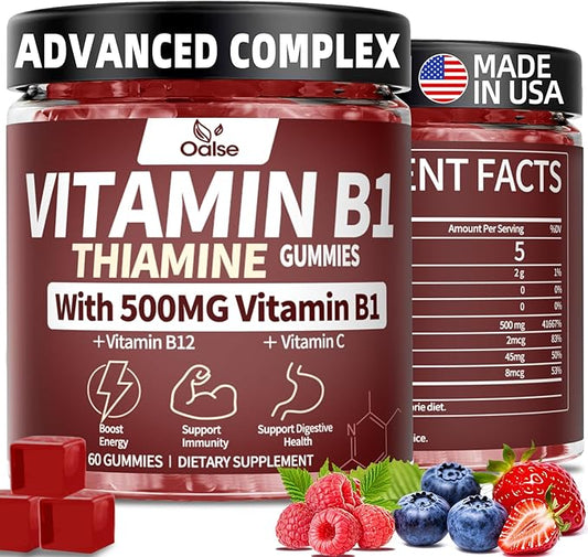 Thiamine Vitamin B1 Gummies - 500g Vegan Sugar Free Thiamine Supplement, with Natural Mixed Berries Flavor for Adults & Kids (60 Counts)