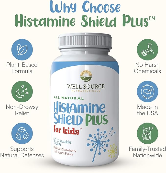 Histamine Shield Plus for Kids™ Natural Antihistamine Supplement, Sinus & Allergy Relief for Pollen, Pet Dander, Dust, Mold, and Odors, 60 Strawberry Fruit Punch Chewable Tablets