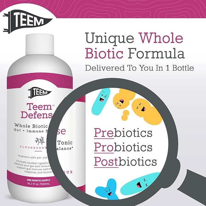 Teem Defense Liquid Probiotic with Elderberry, Whole Biotic Tonic for Digestion & Immunity, Prebiotic Probiotic & Postbiotic Supplement for Kids and Adults, 30 Day Supply – 16.3 Fl.Oz
