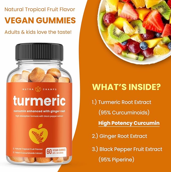 NutraChamps Turmeric Gummies for Adults & Kids with Ginger & Black Pepper Extract, 95% Curcuminoids, Vegan Natural Curcumin Joint Support Supplement, Tumeric Gummy Supplements