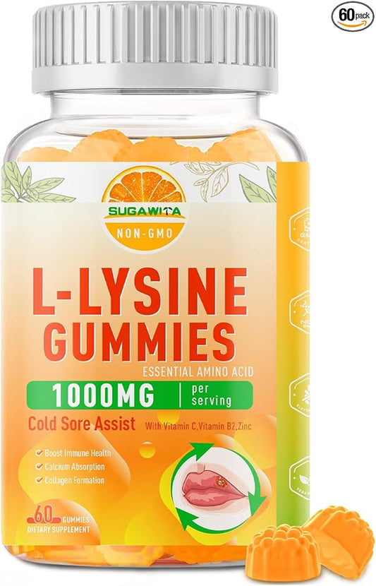 L-Lysine Gummies 1000 mg, Cold Sore Supplement with Immune Support for Lips & Oral, Chewable L Lysine Gummies for Adults & Kids, Boost Immune & Collagen, Non-GMO, Vegan, Gluten Free - 60 Counts