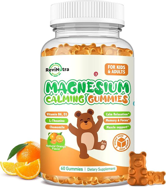 Magnesium Gummies for Kids - Magnesium Glycinate Gummies Supplement with L-Theanine, Vitamin B6, D3 for Adults & Kids, Calm Magnesium for Sleep, Relaxation, Brain, Bones, Sugar Free Orange 60ct