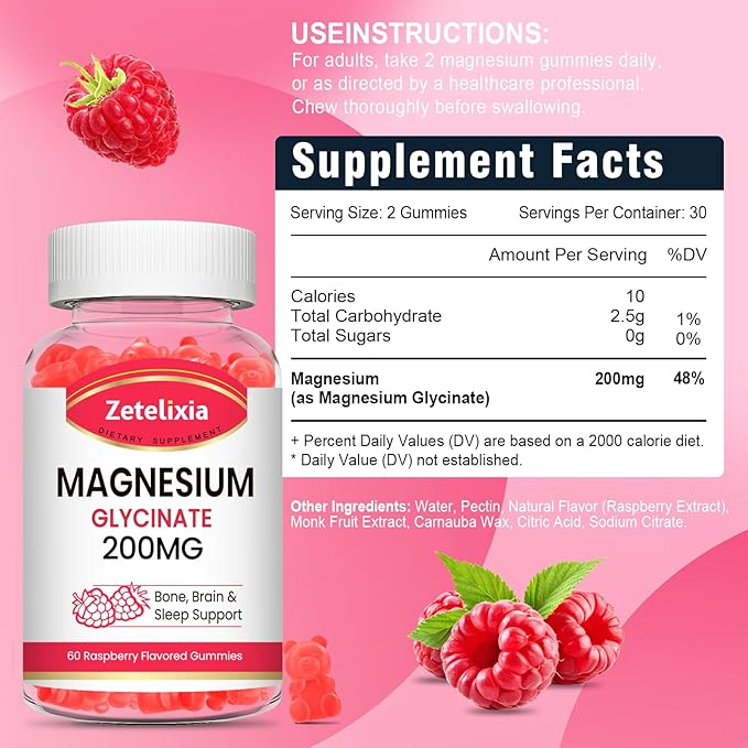 Magnesium Glycinate Gummies, High Absorption Magnesium Glycinate Supplements for Relaxation, Magnesium Chews for Adults and Kids, Raspberry Flavor 60 Count