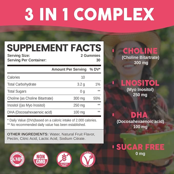 Prenatal Choline Inositol Gummies, Chewable Choline Supplement with DHA, Prenatal Vitamin for Women & Kids, Support Nervous System, Immune & Brain Health, Vegan Strawberry Flavor, Sugar Free, 60 Ct