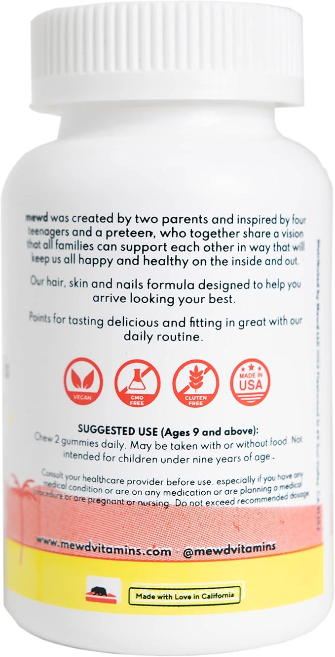 MEWD Teen and Kids Hair, Skin+Nails Daily Multivitamin Gummy Strengthener Formula - Chewable Vitamin Supplements with Biotin,Zinc,Vitamins A, B, & D3 for Girls & Boys, 60, Made in USA
