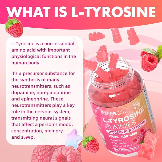 L-Tyrosine Gummies, 1000mg L-Tyrosine Supplement for Kids & Adults, Focus Gummies, Energy & Memory Support, Non-GMO, Sugar-Free, Raspberry Flavor, 60 Count
