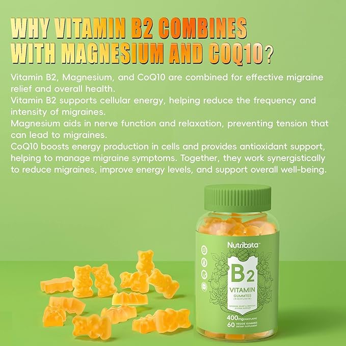 Sugar Free Vitamin B2 Gummies- Riboflavin 400mg 200mg with Magnesium, CoQ10 for Adults & Kids, Vegan, 60 Count