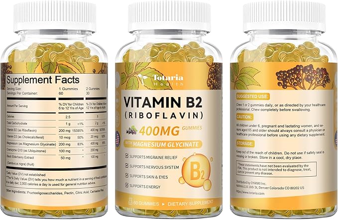 Vitamin B2 Gummies, Sugar Free Riboflavin 400mg Supplement for Adults & Kids with Magnesium Glycinate, COQ10 & Elderberry, Skin & Nervous System Support, Non-GMO, 60 Gummies
