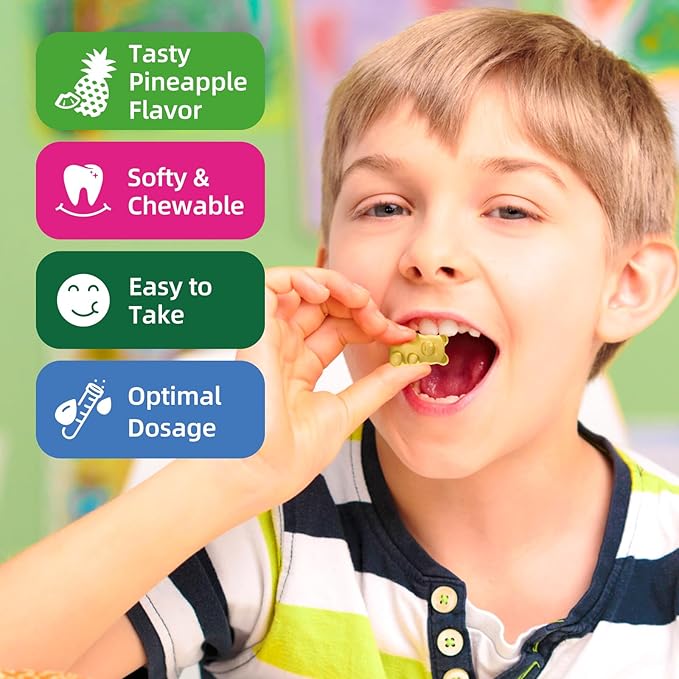 Kids Magnesium Gummies, Magnesium Glycinate Gummies for Kids & Adults with L-Theanine, Chamomile, Licorice, Vitamin D, B6 for Sleep, Relaxation, Brain & Muscle, Sugar Free Pineapple 60ct