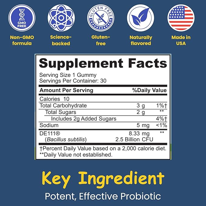 Organic Probiotic Gummies for Kids - 2.5B CFU, Bacillus Subtilis, Digestive & Immune Health - Non-GMO, 30 Chewable Gummies for Easy Use