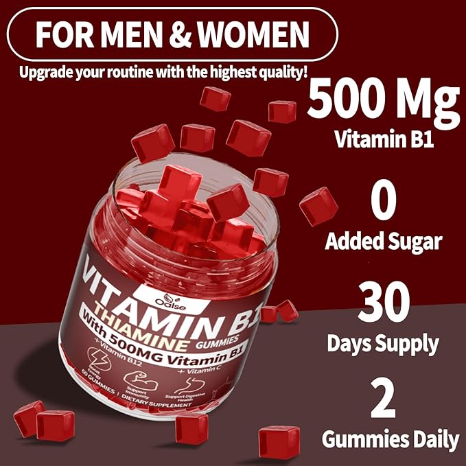 Thiamine Vitamin B1 Gummies - 500g Vegan Sugar Free Thiamine Supplement, with Natural Mixed Berries Flavor for Adults & Kids (60 Counts)