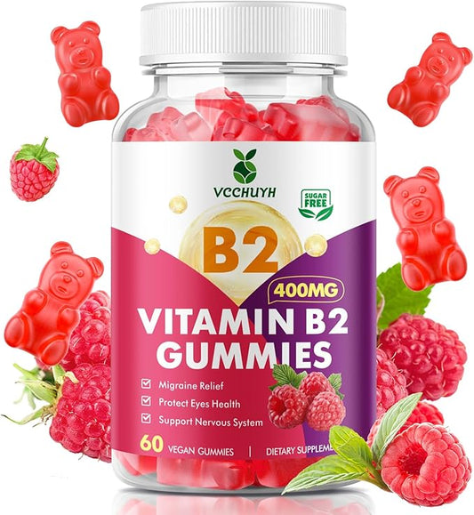 Vitamin B2 Gummies for Kids & Adults, VIT B2 Riboflavin 400mg Supplement with Magnesium for Migraine Relief & Nervous System Support, Non-GMO, Vegan, Raspberry Flavor 60 Count
