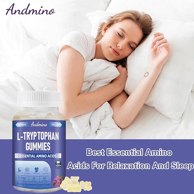 L Tryptophan Gummies 500mg, with Trehalose, for Natural Relaxation & Serotonin Support, for Adults & Kids, Non-GMO, Vegan, Gluten Free, Grape Flavor, 60