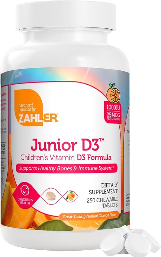 Zahler Junior D3 Vitamins 1000 IU - Chewable Vitamin D3 for Kids - Vitamin D for Kids to Support Bone, Teeth & Immune Health - Kosher Kids Vitamin D3 Orange Flavor - D3 Vitamins for Kids 250 Count.