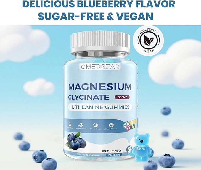 Magnesium Glycinate Gummies with L-Theanine, Ashwagandha & Chamomile Extract, Calm, Sleep, Stress Relief for Adults & Kids, Sugar-Free, Vegan, Blueberry Flavor, 60 Count