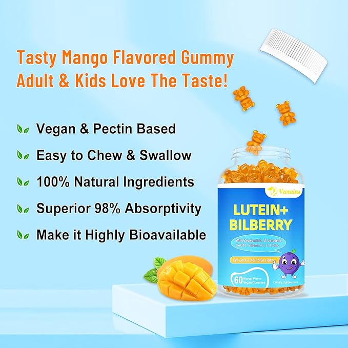 20mg Lutein & Zeaxanthin Gummies with Bilberry, Astaxanthin, Omega 3, Vitamin C, E - Sugar Free Eye Health Supplement for Adults & Kids - Dry Eye Relief, Vision Clarity, Macular Support