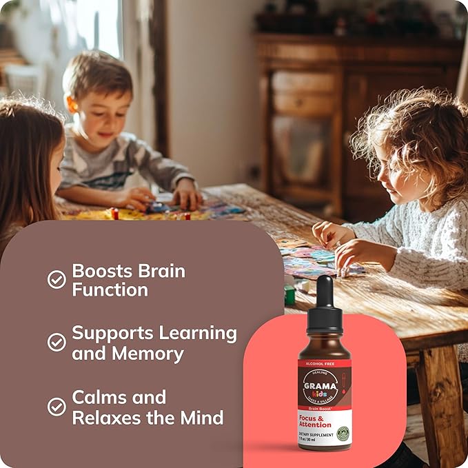 Grama Wellness - Focus & Attention Organic Kids Brain Vitamins & Cognitive Support Drops, ADHD Supplement with Ginkgo Biloba, Rhodiola, Gotu Kola, Licorice Root | Made in USA – 30 Servings