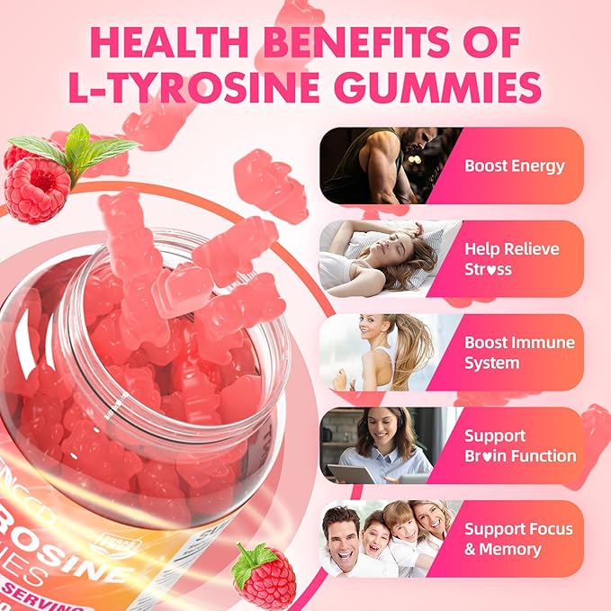 L-Tyrosine Gummies, 1000mg L-Tyrosine Supplement for Kids & Adults, Focus Gummies, Energy & Memory Support, Non-GMO, Sugar-Free, Raspberry Flavor, 60 Count