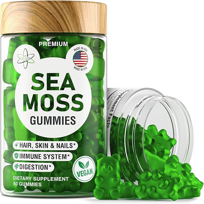 Sea Moss Gummies - Wildcrafted Irish Sea Moss Gummies for Adults & Kids - Seamoss Gel Gummies with Sea Moss Gel, Bladderwrack & Burdock Root Extract - 60 Vegan Sea Moss Gummies