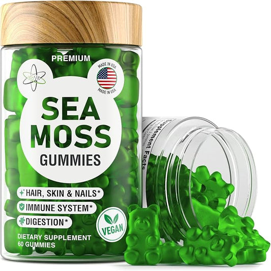 Sea Moss Gummies - Wildcrafted Irish Sea Moss Gummies for Adults & Kids - Seamoss Gel Gummies with Sea Moss Gel, Bladderwrack & Burdock Root Extract - 60 Vegan Sea Moss Gummies