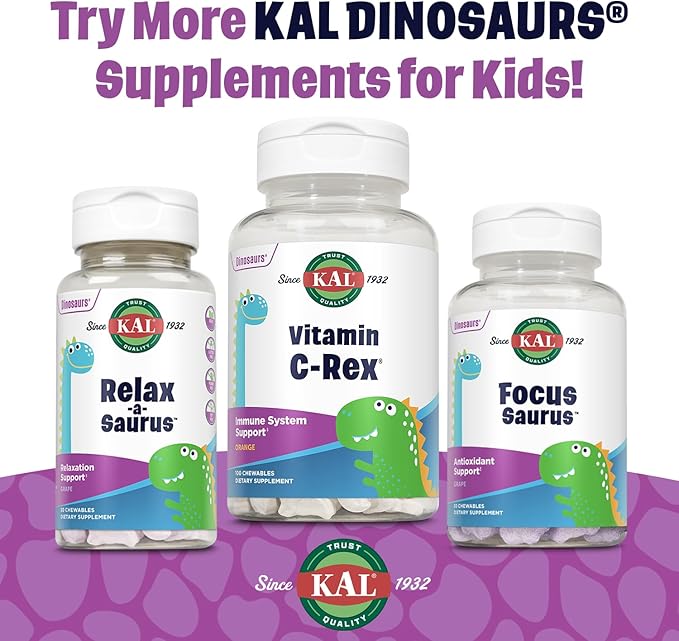 KAL MultiSaurus Kids Chewable Multivitamins, 11 Essential Vitamins and Minerals for Kids, Mixed Berry Flavor, Gluten and Preservative Free, 90 Servings, 90 Dinosaur-Shaped Chewables