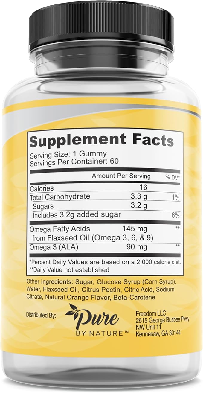 Pure By Nature Omega 3 Gummies for Adults & Kids, Omega 3 Fatty Acid Supplements with Omega 3 6 9 for Circulatory Support, No Fish Oil Orange Flavor Omega Gummies, 60 Days Supply (60 Count)