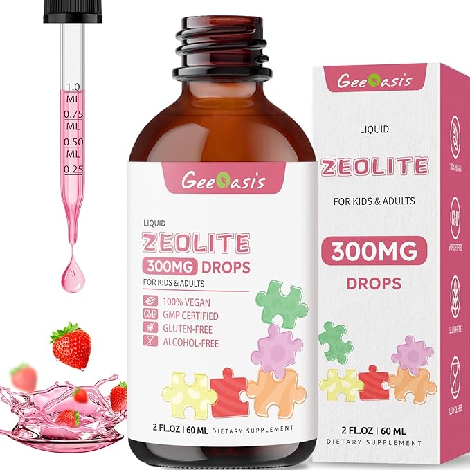 Zeolite Detox for Kids & Adults, 300 mg Zeolite Clinoptilolite Liquid with Vitamin B12 & D3, Vitamin C & Zinc Gluconate, Immune Support & Gut Health, Natural Strawberry Flavor, 2 Fl Oz