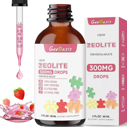Zeolite Detox for Kids & Adults, 300 mg Zeolite Clinoptilolite Liquid with Vitamin B12 & D3, Vitamin C & Zinc Gluconate, Immune Support & Gut Health, Natural Strawberry Flavor, 2 Fl Oz