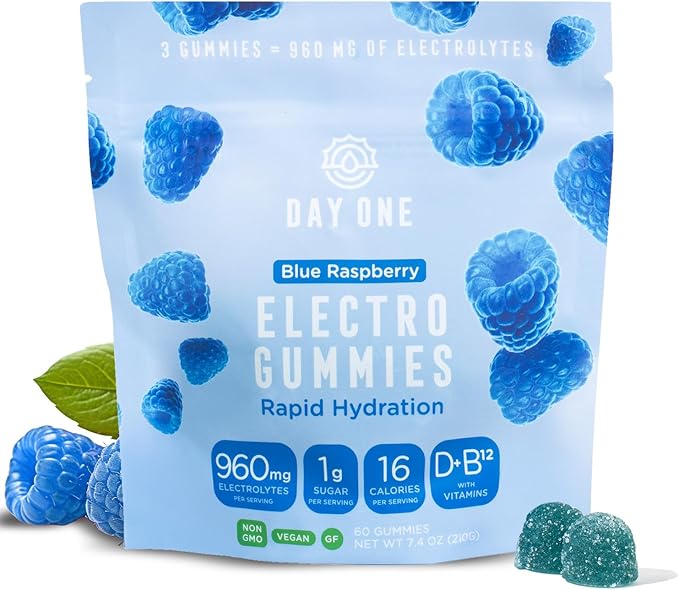 Day One ElectroGummies – Electrolyte Hydration Gummies – Ideal to Boost Hydration & Energy – Supplement for Post & Pre Workout – for Men, Women, Kids – Blue Raspberry Flavored – 60 Gummies
