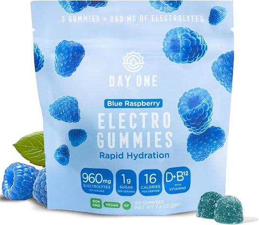 Day One ElectroGummies – Electrolyte Hydration Gummies – Ideal to Boost Hydration & Energy – Supplement for Post & Pre Workout – for Men, Women, Kids – Blue Raspberry Flavored – 60 Gummies